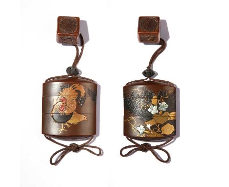 A JAPANESE GOLD AND BROWN LACQUER TWO-CASE INRO BY MIZUTANI SHUTOHO EDO PERIOD, 18TH CENTURYThe wide body decorated with gold