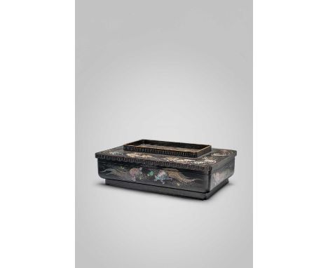 AN UNUSUAL JAPANESE MOTHER OF PEARL AND LACQUER BOX AND COVEREDO OR MEIJI, 19TH CENTURYOf rectangular form, the lid richly de