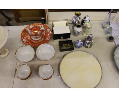 A Russian part teaset; two cloisonne pots; a cloisonne egg; a '50's Sylvac bird flower holder; a Russian cigarette box; a Jap