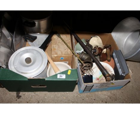 Two boxes of various kitchenalia to include a pestle and mortar, cooking pot, toasting fork, walking stick, preserve pan etc.