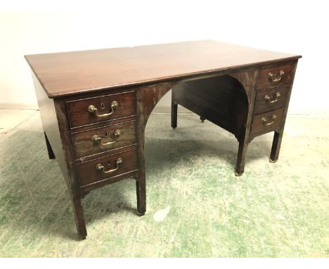 Good late C19/20th mahogany oak lined knee hole partners desk each side with 6 drawers &amp; brass drop handles on brass cast