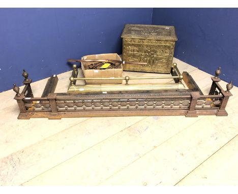 Large steel fender, cast iron fender with finials in a box, brass fender &amp; coal box 