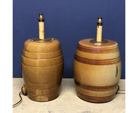 2 Similar ceramic barrel form water coolers, "one C19th by Price Bristol" converted to lamp bases (inc light fitting 51 cm) 