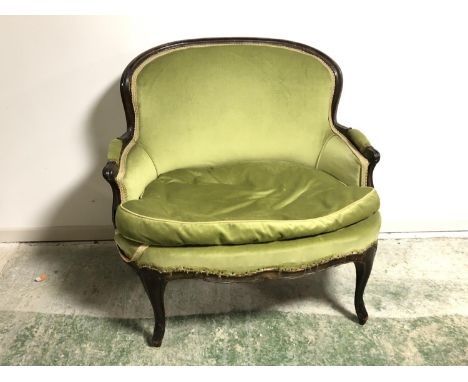 Good French wide mahogany show framed Loveseat, upholstered in a light green fabric 96 cm W 