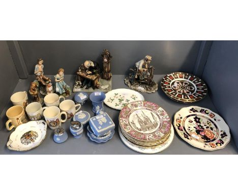 Qty of blue Wedgwood, Crown Derby plates, coronation mugs etc, Capodimonte figures of the Knife Grinder, the Watchmaker etc 