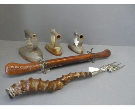 Anglo Indian sheathed carving set , &amp; brass toasting fork with antler handle &amp; 3 irons 