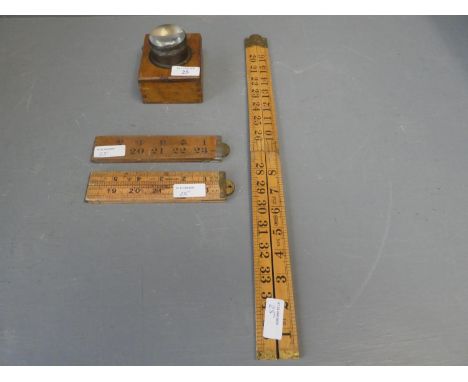Vintage wooden bicycle lamp together with 3 folding wooden rulers 
