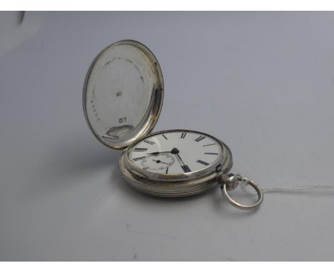 Sterling silver full hunter gentlemans pocket watch, key wind, movement signed P Hammersham Lyme Regis 41239 with engine turn