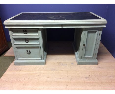 Twin pedestal desk with drawers on 1 side and a single cupboard, painted duck egg blue 180 x 85 cm with inset leather top 