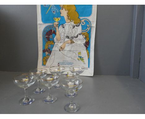 7 Vintage Babycham glasses , &amp; Babycham tea towel 