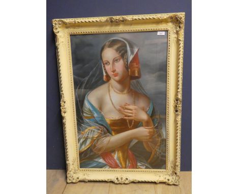 Pierced swept framed oil painting portrait of a woman wearing classical attire clothing 75 x 459 cm 