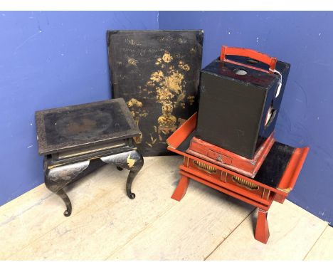 Group of 4 Japanese lacquered items to include Taisho period red lantern box &amp; cover 42 cm, black lacquered panel altered