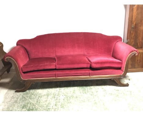 Regency double scroll end 3 seater sofa, on scrolling feet, upholstered in red draylon 