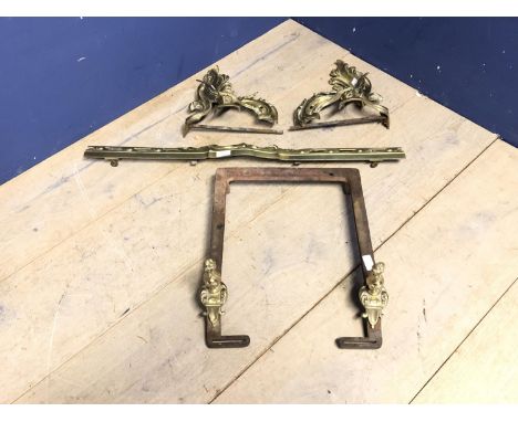 Pair of french brass fire chenets with matching front piece &amp; log grate