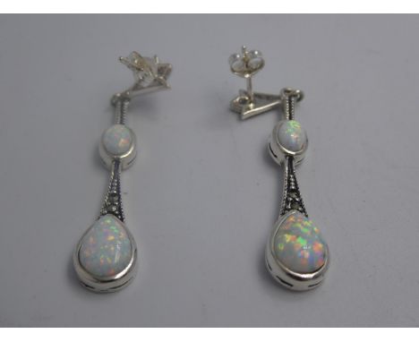 Pair of silver marcasite &amp; opal drop earrings 