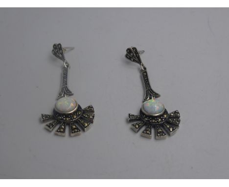 Pair of silver marcasite &amp; opal panelled Art Deco style earrings 