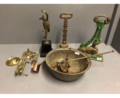 Bronze statuette of a greek god on a stand, brass door knocker with eagle finials, door stops, bowls &amp; other miscellaneou