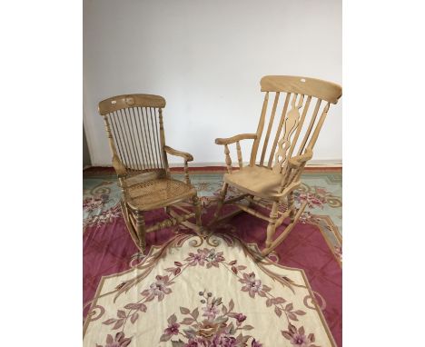 Modern pine Windsor rocking chair, &amp; good light beech  rocking chair with bergere cane seat 