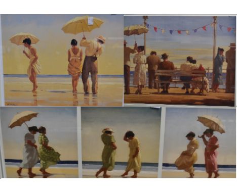 After AJ Vettriano, a print, Figures on the Beach; another, similar, On The Promenade; another, similar, Ladies Strolling on 