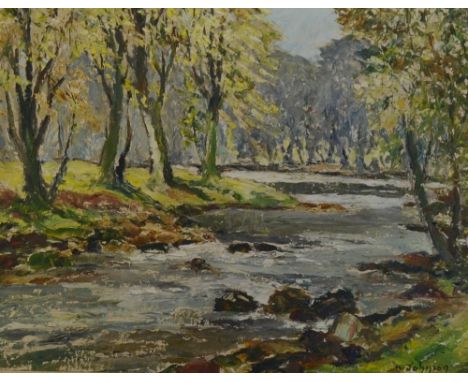 K. JohnsonA Woodland Riversigned, oil on board, 38cm x 50cm