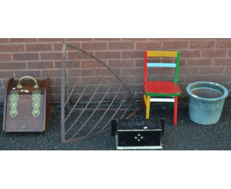 An early 20th century coal box; a cast metal drain hopper; a painted child's chair; etc (5)