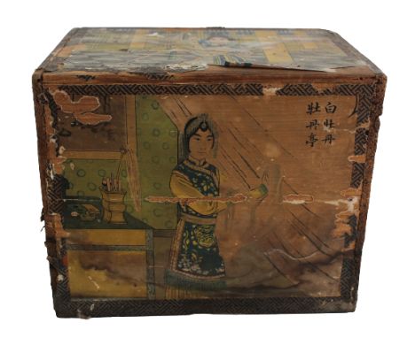 Late 19th/early 20th Century. Covered with printed paper depicting figures engaged in various pursuits, the lid sliding forwa