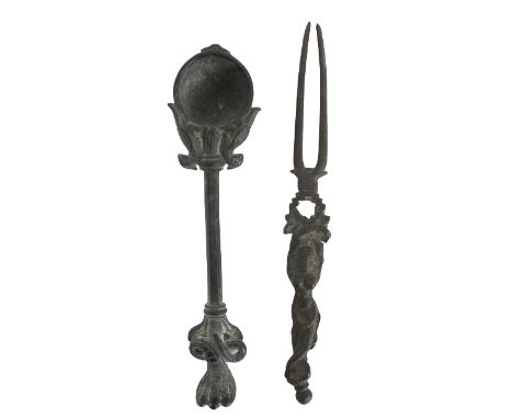 18th Century or older. The fork with a handle cast as female dancer, the spoon handle cast as a a cobra, its bowl with two bi