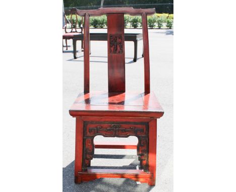 Chinese Red Lacquer Childs Chair Late 19th/Early 20th Century. The yoke back, with solid splat carved with a female figure am