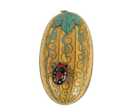 Chinese Cloisonne Enamel Covered Oval Box. The box and cover in the form of a yellow lobed melon with rows of repeating scrol