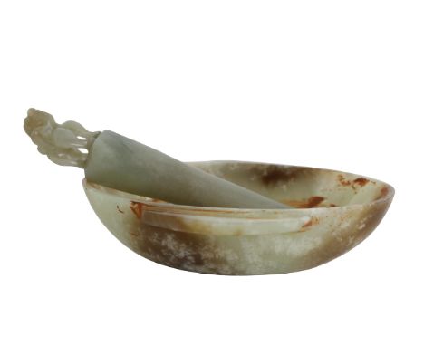 Chinese Onyx Coup with a Jade Stylus. The oval dish with lifting handles at the sides, the translucent grayish pale green jad