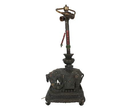 Chinese Hardstone Mtd. Bronze Elephant Candlestick Now mounted as a lamp, Qing Dynasty, 18th/19th Century. The elaborately dr