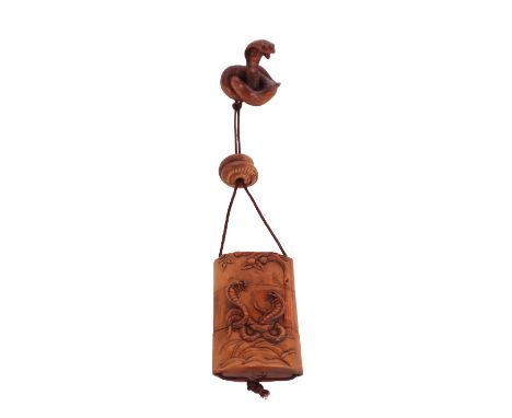 Japanese Stained Wood Inro with Netsuke. Meiji Period, unsigned. The tri-part inro carved on both sides with engaged cobras, 