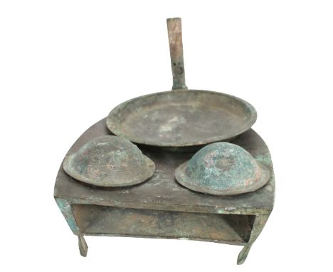 Han Dynasty Chinese Bronze Food Warmer The boat-form hollow body with a large circular opening fitted with a removable plate 