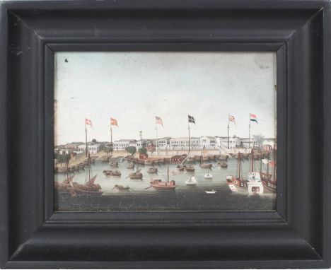 The Foreign Hongs at Canton' oil painting on copper plate, circa 1810-1820. Image depicts the Swiss, Spanish, American, Swedi