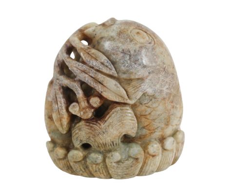 Chinese Cream and Russet Jade Fish Group Depicting a large and small fish raising above waves grasping sea grasses. Size: 2 1