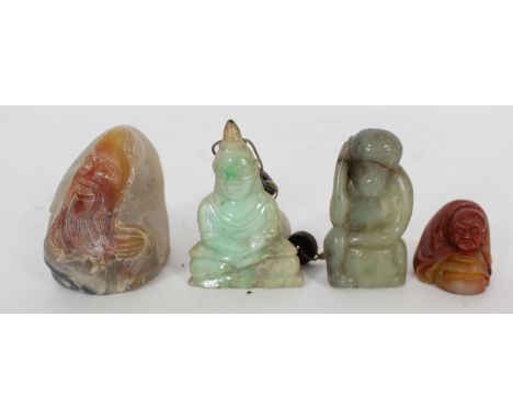 Two Chinese Jade Carvings The first, a pale green monkey with black inclusions, seated before a drum, the second, a part calc