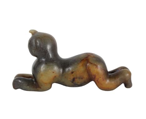 Chinese Translucent Green Jade Nude Boy. In a Ming Dynasty style. The young boy crawling forward on his forearms, light to da