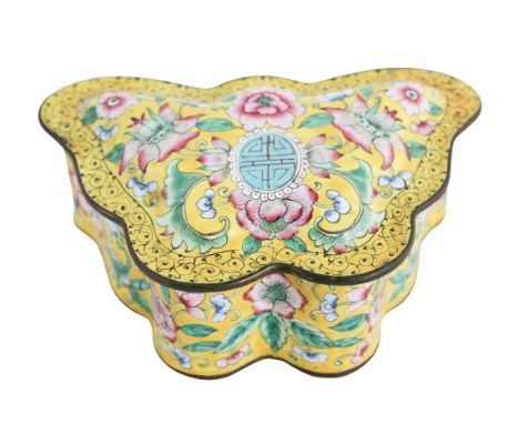 Chinese Canton Enamel Butterfly Box 20th Century. Decorated with leafy peonies on a yellow ground Size: 5 1/8 x 3 3/8 x 1 3/4