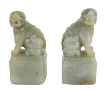 Pair of Chinese Translucent Celadon Jade Seals. Each with a chilong atop a block, the underside lacking characters. Size: 1 1