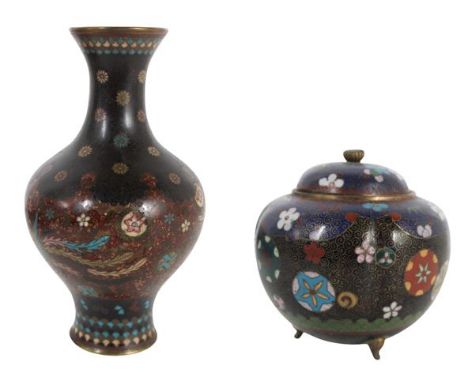 Two Japanese Cloisonne Enamel Vessels Late 19th/20th Century. The first, a covered spherical jar decorated with rondels on a 