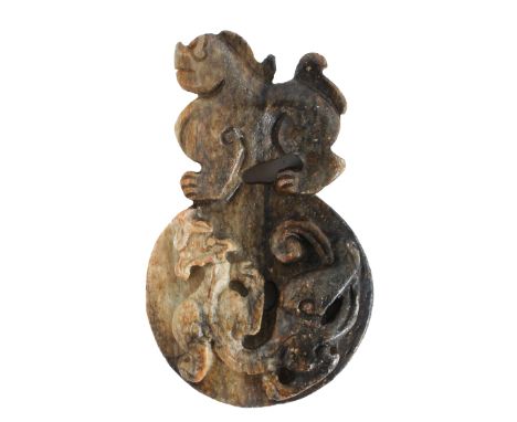 Chinese Calcified Jade Animal Group Qing Dynasty. Brownish-beige jade depicting a chimera atop a bi surmounted by a fu-dog. S