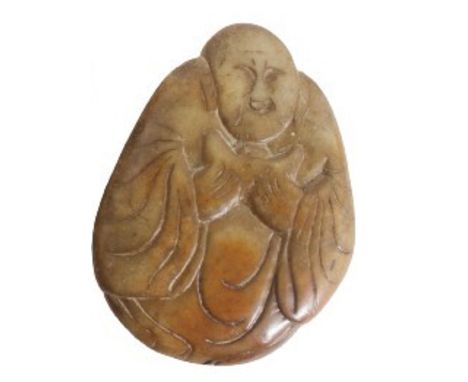 Qing Dynasty. The oval yellowish green jade with russet tones, the figure dressed in a long robe and holding a crescent. Size