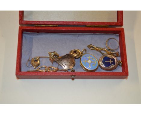 A box containing a yellow metal bar brooch; a pair of 9ct gold drop ear-rings; a yellow metal stick pin; enamel decorated loc