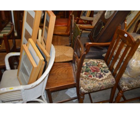 An elm seated stick back kitchen chair; a Victorian Gothic revival chair; a rush seated chair; and a 19th Century Suffolk bal