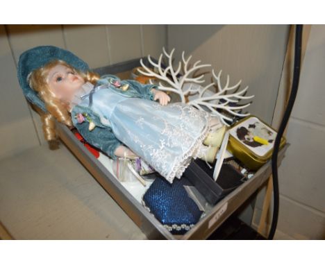 A tray containing a dressed doll; small barometer and various sundries 