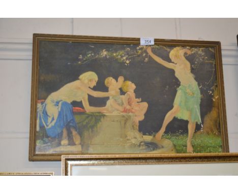 After Sir William Russell Flint, a coloured print of figures in a garden setting 