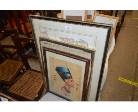 A framed and glazed map; together with two Egyptian Revival paintings on papyrus 