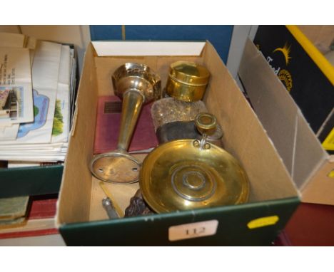 A shoe box containing a Meerschaum pipe, coinage, a silver plated spill vase, a brass pin box, a hip flask etc.