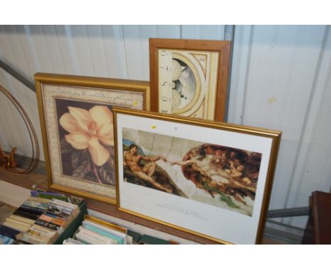 A pair of gilt framed floral prints; together with a print "The Creation of Adam" etc.