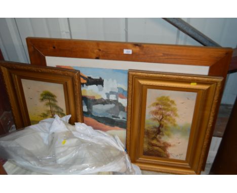 A pair of gilt framed oil on board paintings of trees, together with a pine framed coloured print 